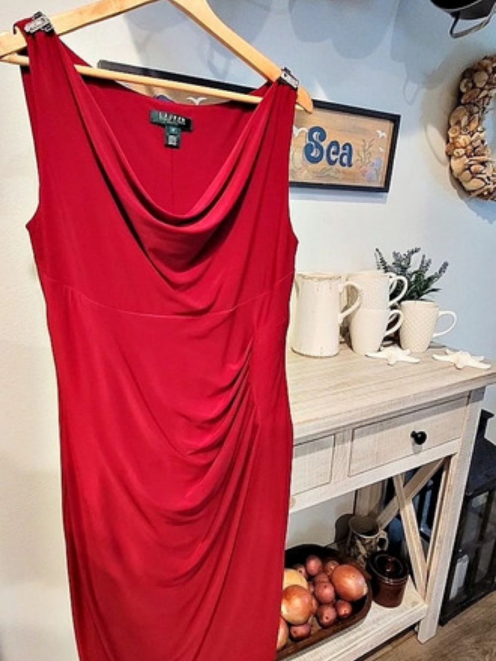 Lauren Ralph Lauren Dress Draped Neck Red Midi Size 12 Like New